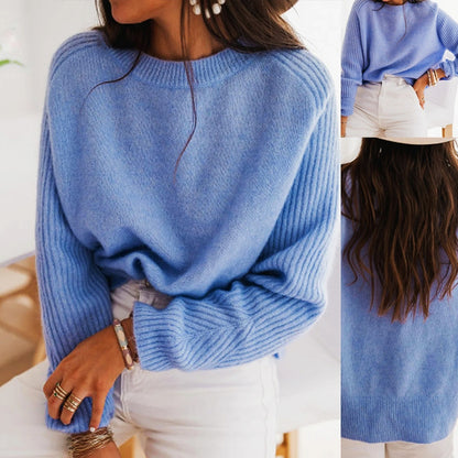 "European Milk Blue Sweater – Casual Chic Knitwear with Round Collar & Long Sleeves!"