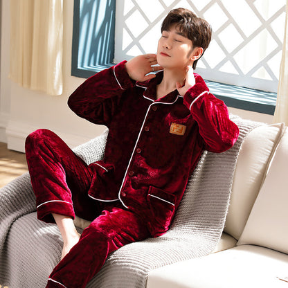 Autumn And Winter Flannel Men's Pajamas Men's Lapel Cardigan