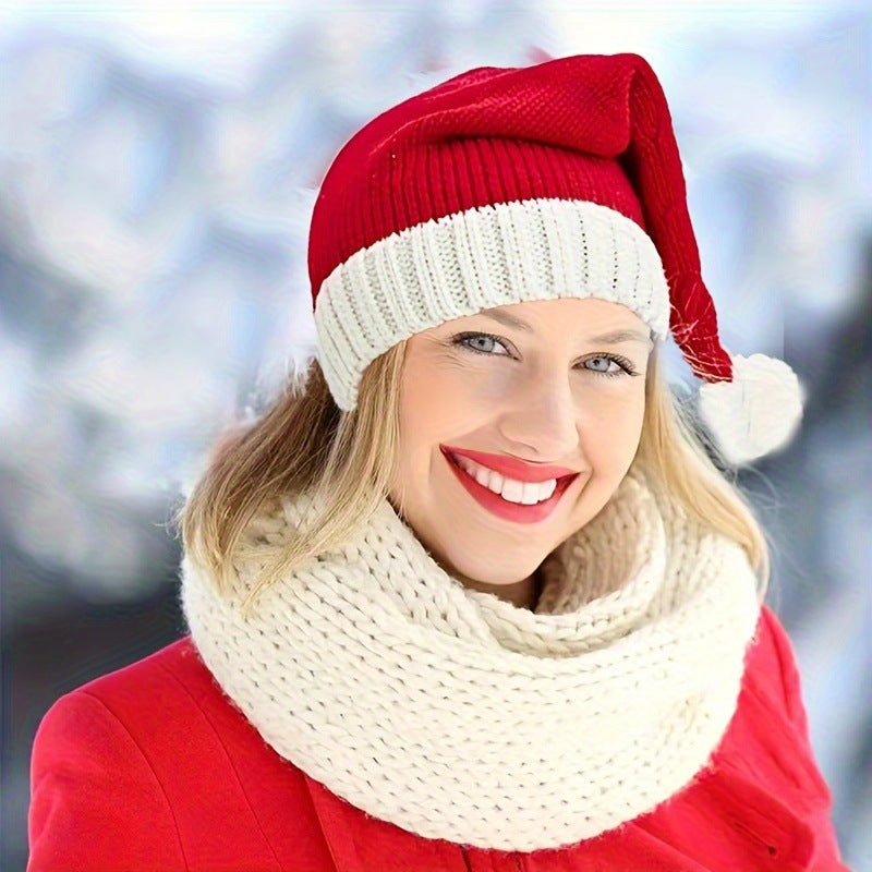 Knitted Christmas Hat with Fur Ball – Cozy Holiday Warmth