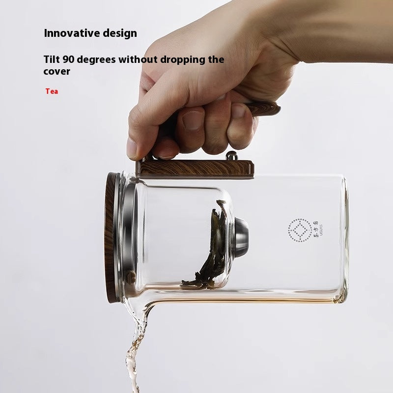 "One-Click Magnetic Teapot – Glass with Wood Handle & Easy Tea-Water Separation!"