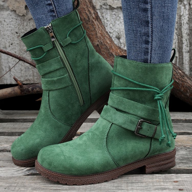 Buckle Square Heel Mid-Calf Boots