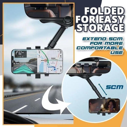 Rearview Mirror Phone Holder – Rotatable & Retractable 360° Car Mount for All Phones