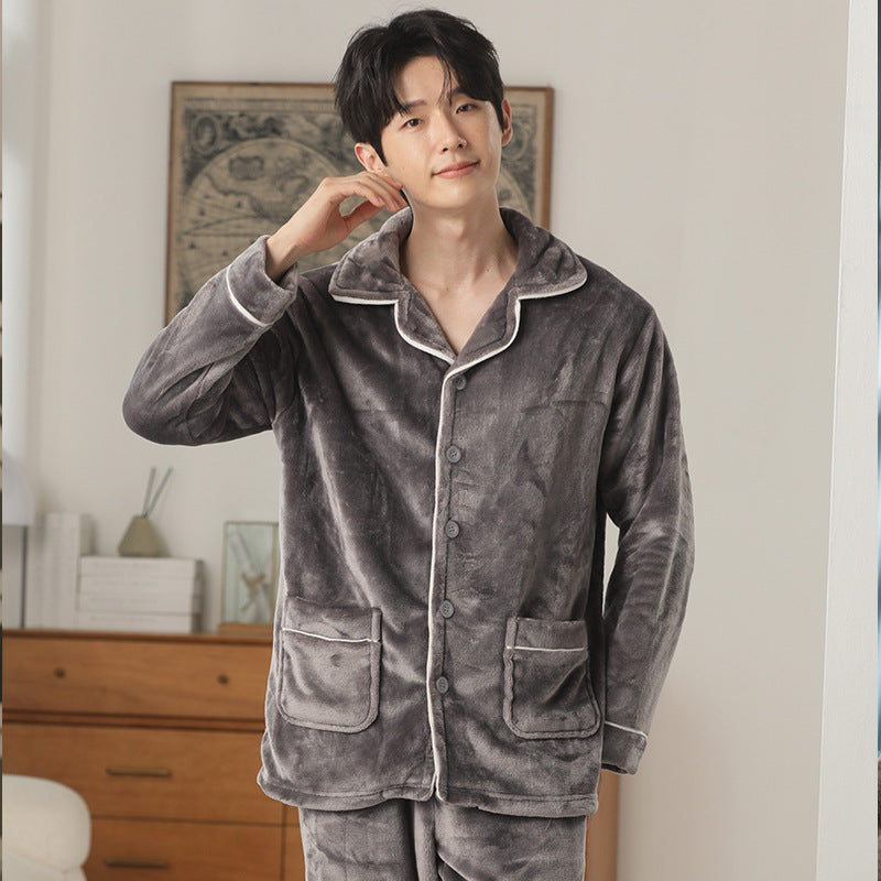 Autumn And Winter Flannel Men's Pajamas Men's Lapel Cardigan