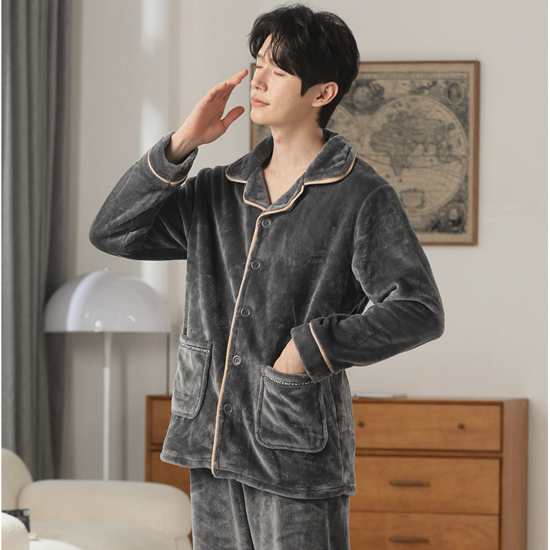 Autumn And Winter Flannel Men's Pajamas Men's Lapel Cardigan