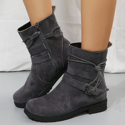 Buckle Square Heel Mid-Calf Boots