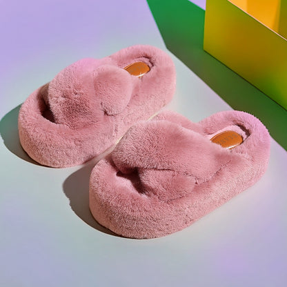 Cross Fluffy Slippers Women's Thickened Warm