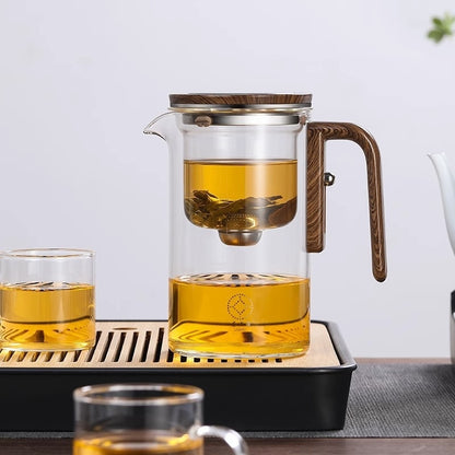 "One-Click Magnetic Teapot – Glass with Wood Handle & Easy Tea-Water Separation!"