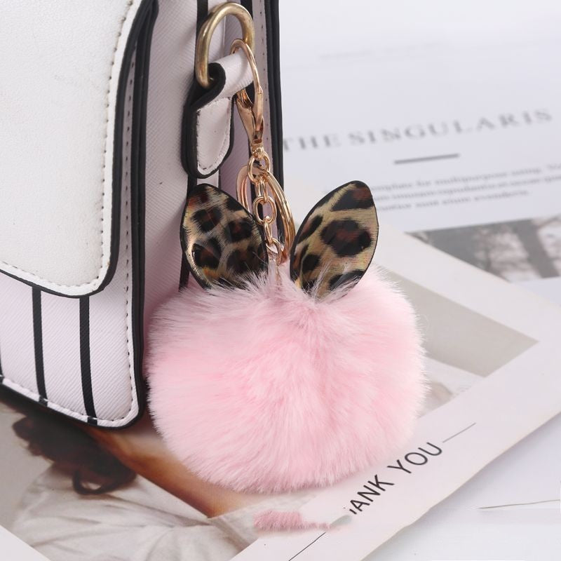 Leopard Print Small Ears Fur Ball Keychain