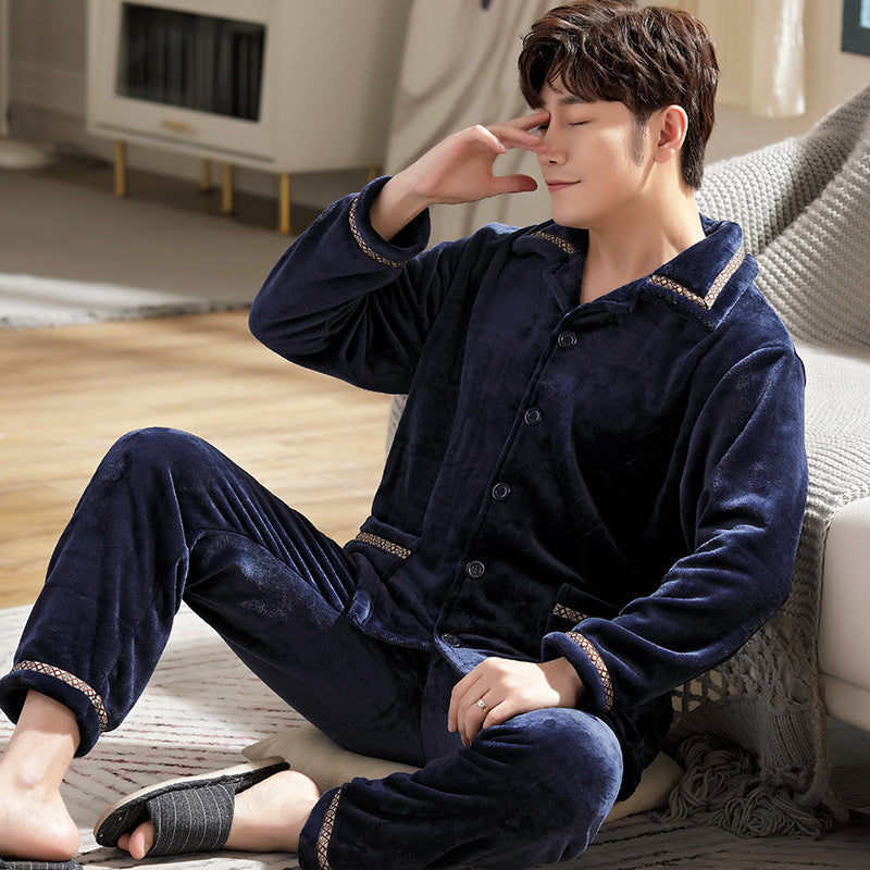 Autumn And Winter Flannel Men's Pajamas Men's Lapel Cardigan