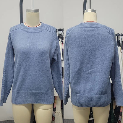 "European Milk Blue Sweater – Casual Chic Knitwear with Round Collar & Long Sleeves!"