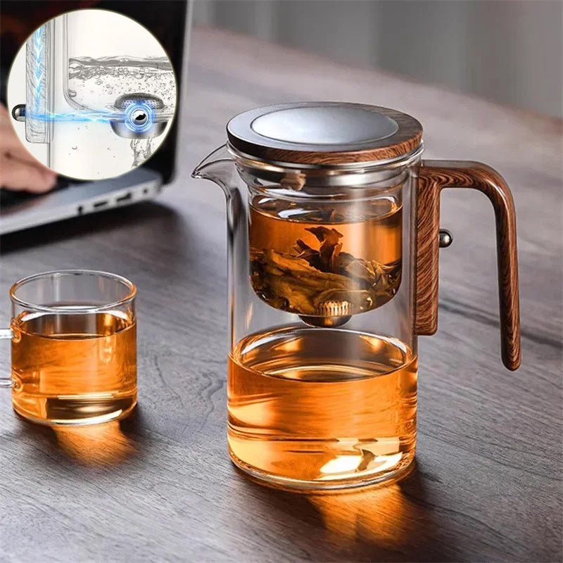 "One-Click Magnetic Teapot – Glass with Wood Handle & Easy Tea-Water Separation!"