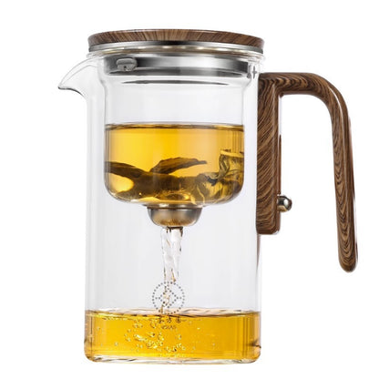 "One-Click Magnetic Teapot – Glass with Wood Handle & Easy Tea-Water Separation!"