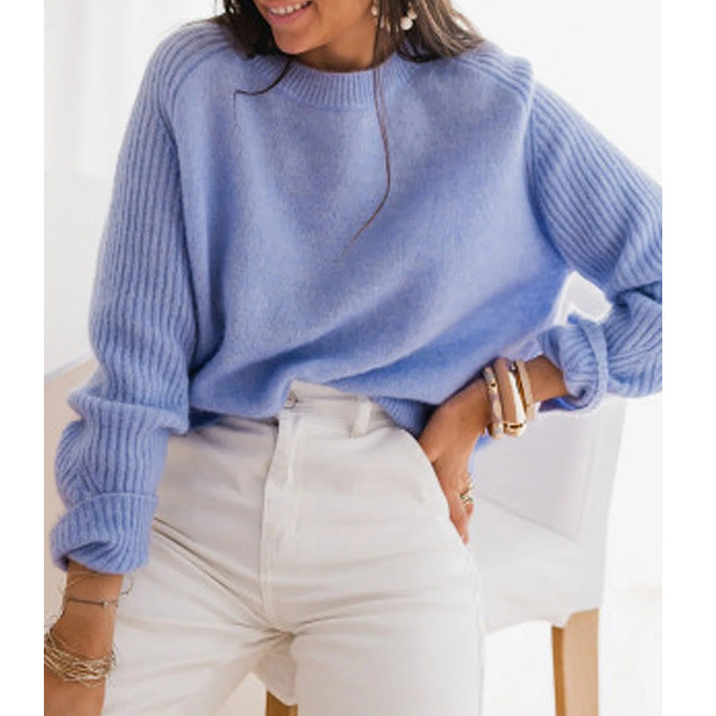 "European Milk Blue Sweater – Casual Chic Knitwear with Round Collar & Long Sleeves!"