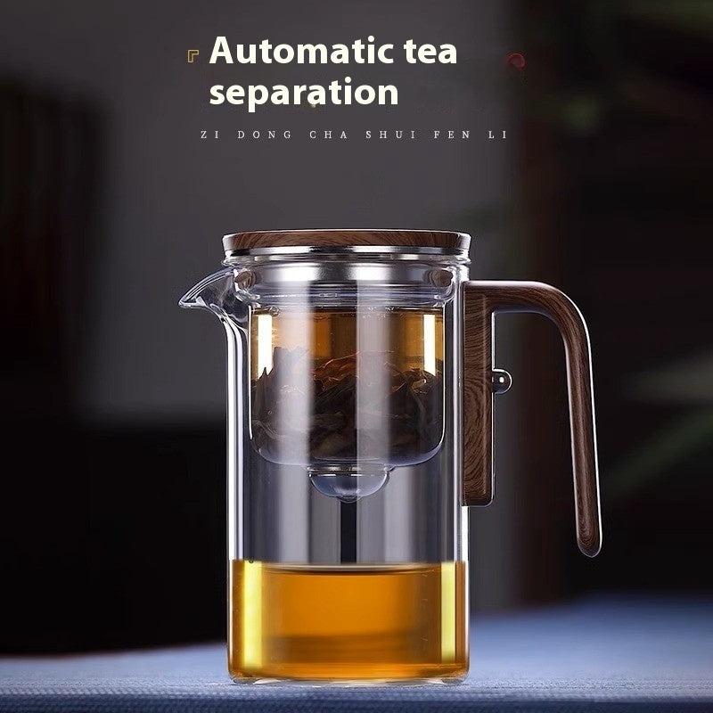 "One-Click Magnetic Teapot – Glass with Wood Handle & Easy Tea-Water Separation!"