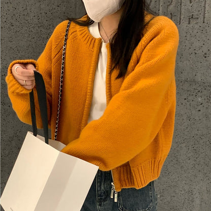 Orange Zipper Sweater Cardigan For Women