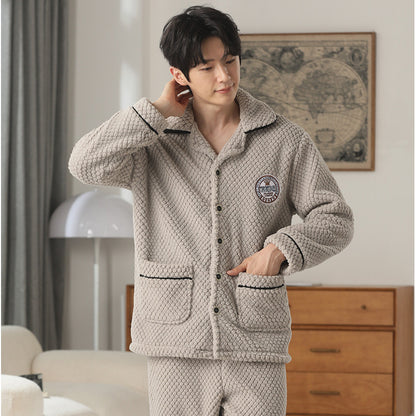 Autumn And Winter Flannel Men's Pajamas Men's Lapel Cardigan