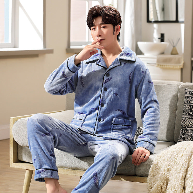 Autumn And Winter Flannel Men's Pajamas Men's Lapel Cardigan